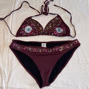 Purple Embroidered Triangle Bikini Set
